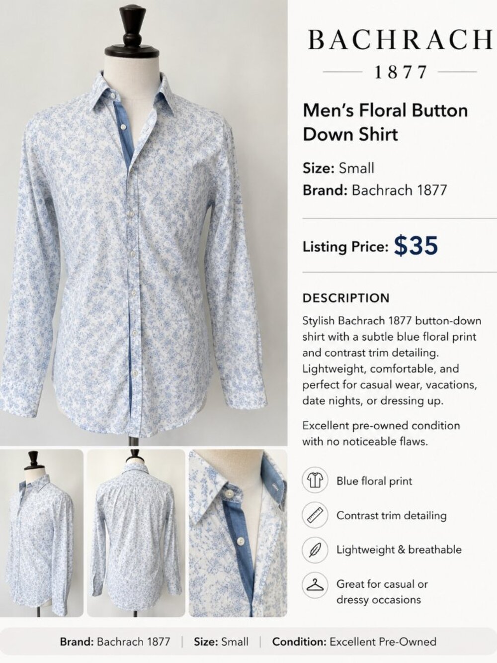 Bachrach 1877 Men’s Blue Floral Button Down Shirt Size Small